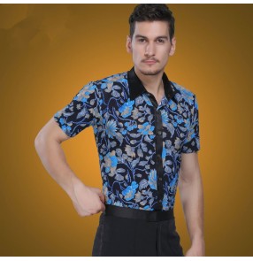 Men's male fashionable blue floral printed short sleeves latin dance modern  ballroom jive dance shirt 