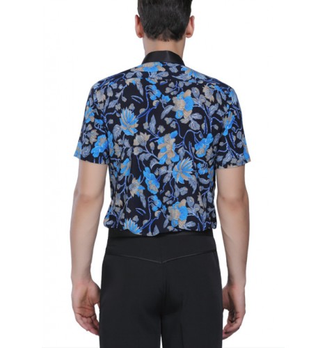 Men S Male Fashionable Blue Floral Printed Short Sleeves Latin Dance Modern Ballroom Jive Dance