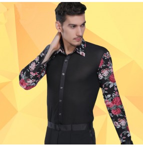 Men's male floral patchwork  long sleeves and collar competition professional latin ballroom dance shirts