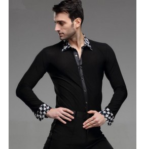 Men's male leaf printed turn down collar long sleeves latin dance shirt top black