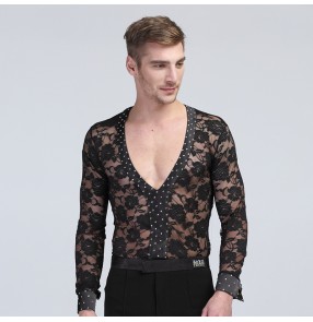 Men's male man black lace v neck sexy long sleeves competition spring summer leotard rhinestones flamenco latin dance shirts ballroom dance tops shirt 