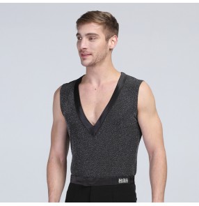 Men's male man black paillette sleeveless v neck summer leotard competition latin ballroom waltz tango dance shirt tops vest 