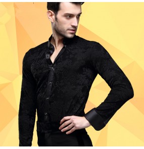 Men's male man black stand collar 3d jacquard pattern long sleeves competition high quality latin dance shirts ballroom waltz tango jive cha cha dance shirts tops