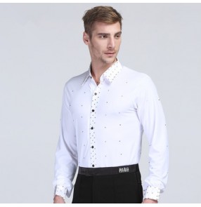 Men's male man rhinestones white black long sleeves down collar compettion boys latin ballroom waltz tango cha cha dance shirts dance tops  