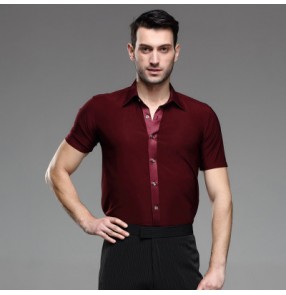 Men's male man short sleeves turn down wine red professional competition exercises professional latin waltz tango ballroom jive rumba dance shirts tops