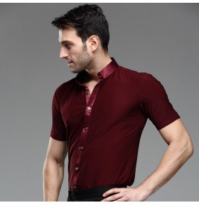 Men's male man short sleeves wine red silk satin stand collar professional competition exercises ballroom waltz tango latin dance shirts tops