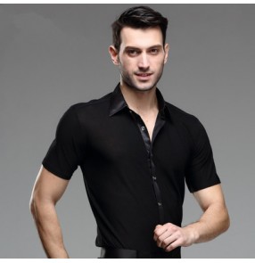 Men's male man turn down collar short sleeves black professional competition exercises ballroom waltz latin dance jive dance rumba shirts tops 