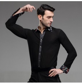 Men's male printed down collar black latin dance shirt ballroom waltz dance top 