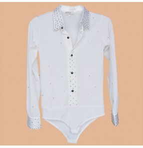 Men's  male's man boys kids child white rhinestones down collar waltz latin shirts samba rumba ballroom shirts tops