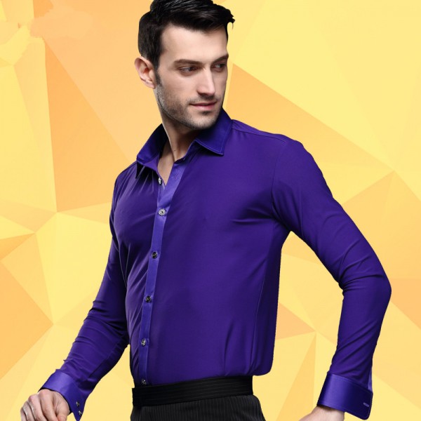 Men's man male purple violet turn down collar long sleeves latin dance ...
