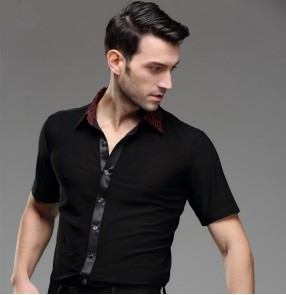 Men's man male re circle printed turn down collar short sleeves professional competition exercises latin dance shirts ballroom waltz tango jive rumba dance top shirts