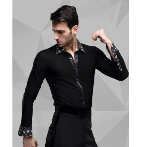 Men's printed collar turn down long sleeves latin dance shirt ballroom dance top