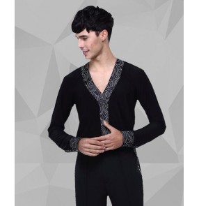 Men's printed v neck collar latin dance shirt long sleeves