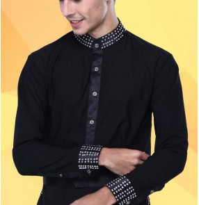 Men's rhinestone collar and sleeves cuff stand collar latin dance shirt top