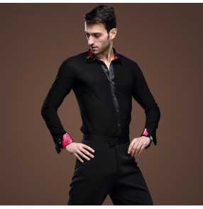Men's turn down flower printed collar black latin dance shirt long sleeves 