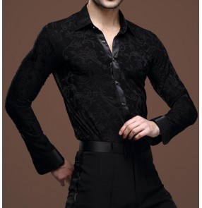 Men's velvet modern ballroom latin dance shirt turn down collar 