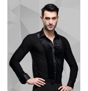 Men's velvet patchwork latin dance shirt ballroom dancing top black