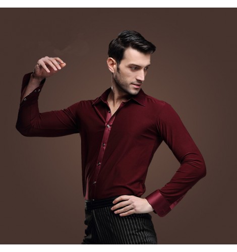 wine red turn down collar plain color long sleeves latin dance shirt