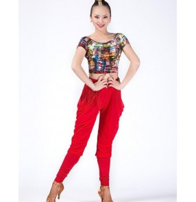 Multi printed black red colored women's ladies competition exercises professional split latin dance dresses set  salsa cha cha samba dance dresses short sleeves top and tassel swing pants