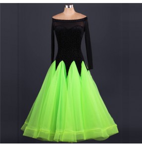 Neon green black colored patchwork women's ladies female leopard black competition professional long mesh fabric sleeves standard full skirted ballroom waltz tango dance dresses