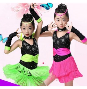 Neon green fuchsia black patchwork colored girls kids child children strap diamond competition professional practice latin samba salsa cha cha ballroom dance dresses