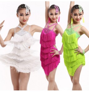 Neon green fuchsia black white gold hot  pink white fringes rhinestones backless  growth girls kids child children toddlers competition professional latin salsa cha cha dance dresses 