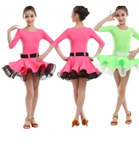 Neon green fuchsia colored girls kids child children baby short sleeves competition latin dance dresses samba salsa cha cha dance dresses with sashes