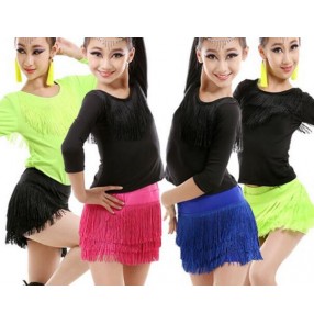 Neon green fuchsia royal blue black  patchwork split set fringes long sleeves girls kids child children growth toddlers practice competition professional latin salsa cha cha rumba samba dance dresses tops and skirts