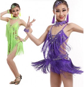 Neon green fuchsia Violet purple royal blue red hot pink girls rhinestones child children toddlers growth competition fringe latin ballroom salsa cha cha dance dresses 