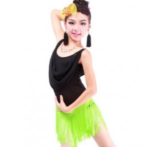 Neon green fuchsia yellow royal blue black red hot pink fringes patchwork backless girls kid child children toddlers growth latin competition professional latin salsa cha cha dance dresses with shorts