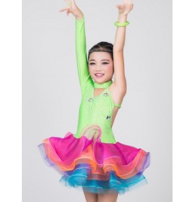 neon green Girls children child kids rhinestones one shoulder sleeves big rainbow organza skirted competition professional latin salsa cha cha samba rumba dance dresses