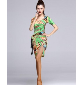 neon green leopard printed floral colored women's ladies female short sleeves competition professional latin samba salsa cha cha dance dresses ( no sashes)
