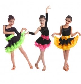 Neon green orange fuchsia patchwork girls kids child children baby one shoulder sleeves rhinestones microfiber  competition professional latin dance dresses with bowknot sashes