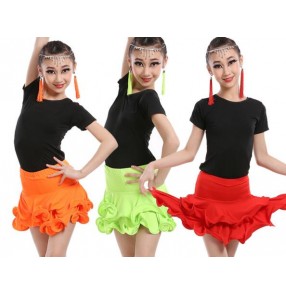 Neon green orange red patchwork girls kids child children toddlers growth latin dance split set salsa cha cha rumba samba dresses