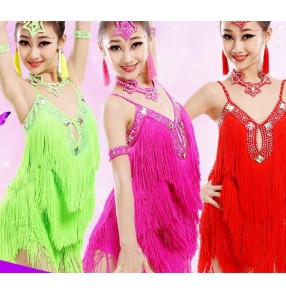 Neon green red fuchsia hot pink Girls kids child children toddlers tassels fringe backless sleeveless latin dance dresses 