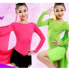 Neon green red fuchsia long sleeves tassels fringe girls kids child children toddlers gymnastics practice latin samba salsa cha cha dance dresses