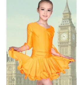 Neon orange turquoise fuchsia girls kids child children middle long sleeves competition professional latin salsa cha cha dance dresses