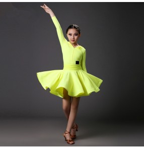 Neon yellow fuchsia orange colored Girls kids child children competition professional long sleeves v neck latin dance dresses salsa samba dresses