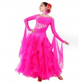 Off shoulder diamond pattern long sleeves big skirt ballroom dancing dress