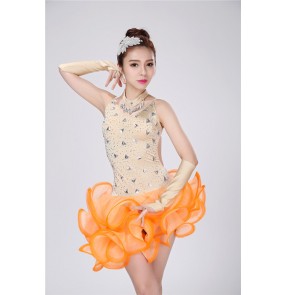 Orange flesh colored patchwork rhinestones  red and flesh colored girls kids child children growth competition patchwork backless ruffles skirts competition professional latin salsa cha cha rumba samba dance dresses