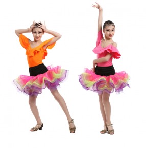 Orange fuchsia colored girls sleeveless ruffles neckline exercises competition latin samba salsa cha cha dance dresses set split set body leotard top and skirts