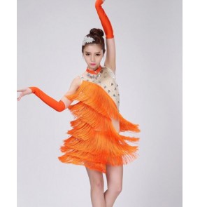 Orange neon green flesh skin patchwork colored rhinestones fringes girls kids child children growth toddlers competition professional latin salsa cha cha dance dresses