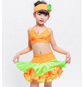 Orange neon green patchwork colored Girls kids child children toddlers competition stage performance latin salsa cha cha dance dresses split set