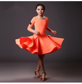 Orange neon yellow colored Girls kids child children baby short sleeves swing hem skirt competition latin dance dresses samba salsa cha cha dresses