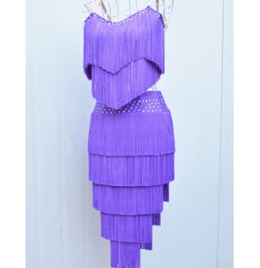 orange violet Women's girls professional competition custom size diamond handmade tassels latin dance dresses salsa chacha dance dress sets