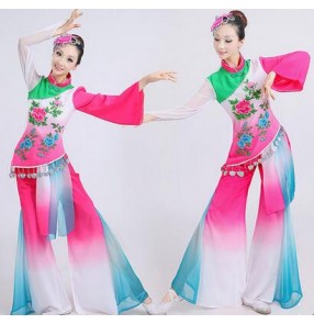 Patchwork fuchsia and green Women's ladies fuchsia chinese folk dance costumes traditional fans dance clothes tops and pants cos play stage performance dresses