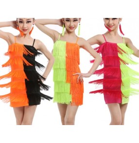 Patchwork orange black orange neon green orange hot pink fuchsia patchwork tassels fringes girls kids child children latin  salsa cha cha rumba samba dance dresses