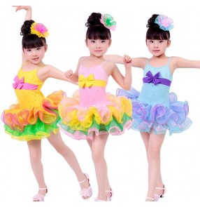 pink Blue yellow rainbow colored sleeveless strap backless girls child children kids toddlers leotard  practice gymnastics ruffles skirt latin dance dresses costumes