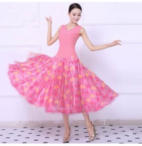 Pink floral v neck sleeveless women's ladies competition performance professional ballroom tango waltz dance dresses outfits