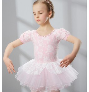 Pink lace patchwork short sleeves practice gymnastics toddlers child children kids baby competition leotard ballet tutu skirt  dance dresses 